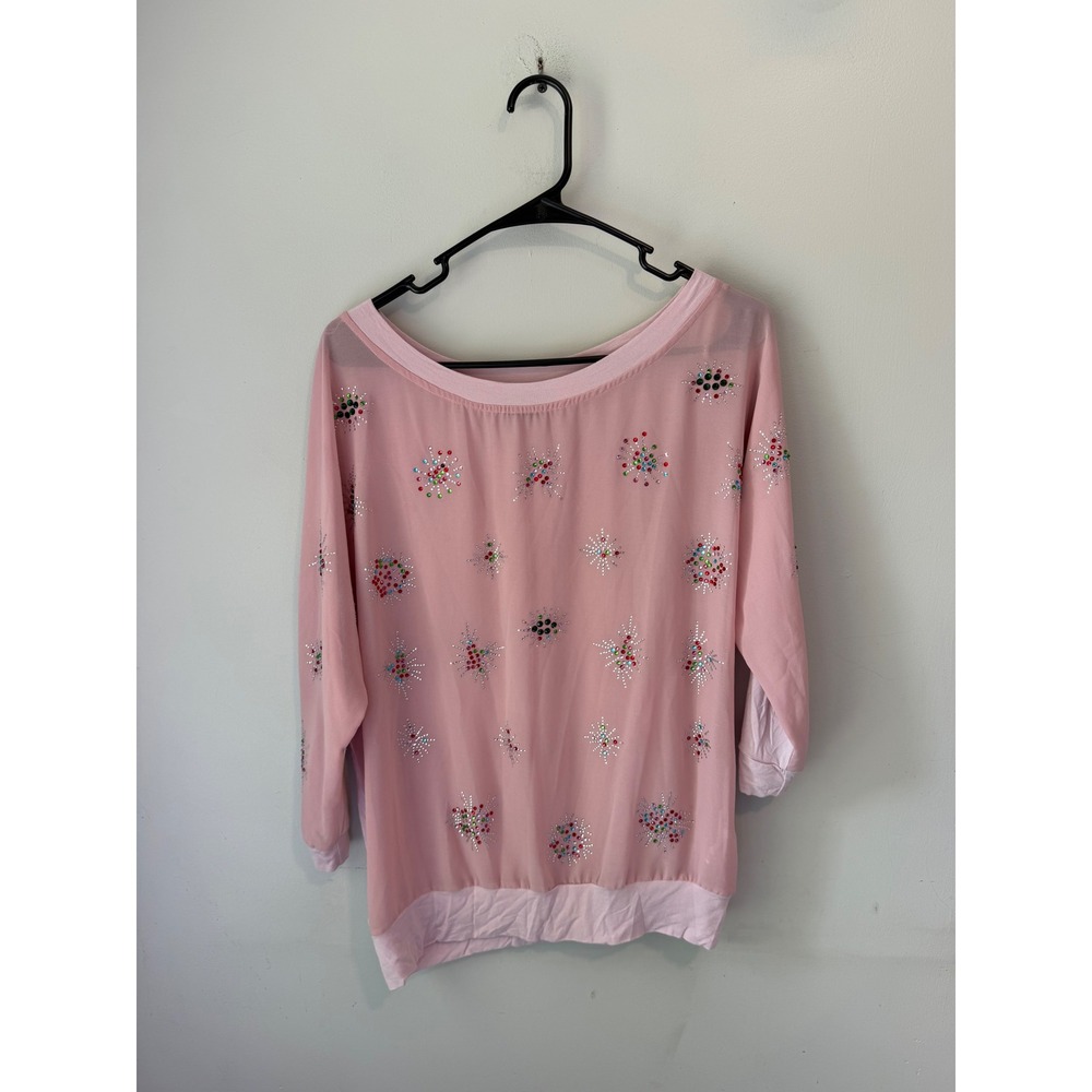 Matilda Pink Rhinestone Starburst Chiffon Front Dolman Sleeve Blouse Medium